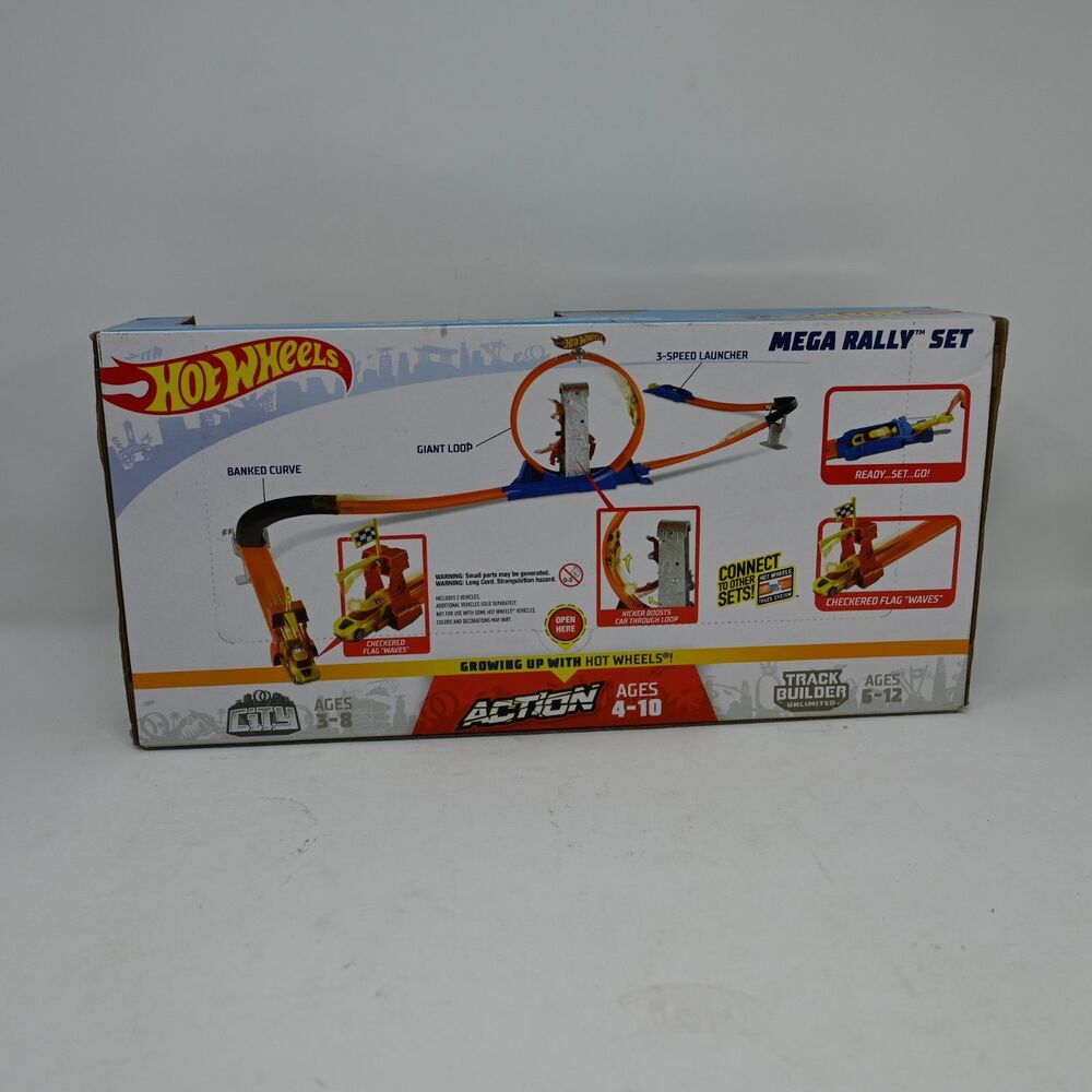 Hot Wheels Mega Rally Set 2019 Track Loop Launcher w/ 2 Cars New Box Damage - Picture 2 of 6